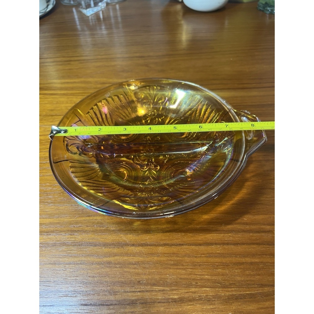 Vintage Amber Iridescent Carnival Glass Round Handled Tray, Pressed Decorative - Picture 5 of 5